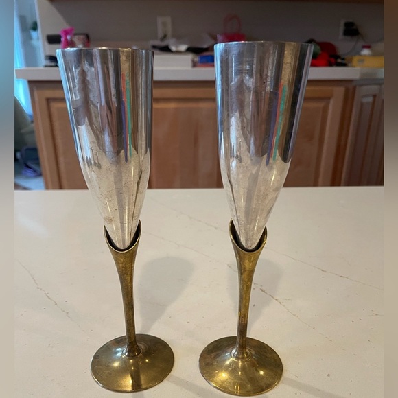 Vintage Two Tone Gold and Silver Brass  Champagne Flutes By Maurice Duchin Inc - Picture 3 of 7